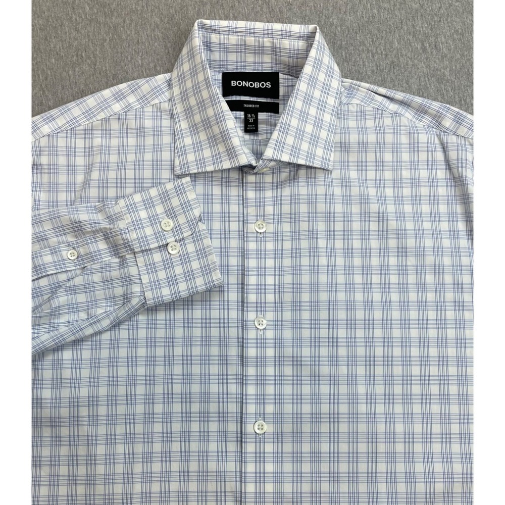 Bonobos Shirt Mens 16.5 - 33 Plaid Cotton Blend Stretch Tailored Fit Long Sleeve